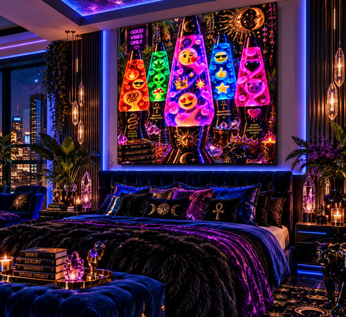 This statement artwork combines psychedelic wall art, maximalist décor, Y2K-inspired emojis, celestial details, crystals, vibrant neon lighting, and nostalgic lava lamps into one unforgettable piece. From glowing hearts and smiley faces to cosmic moons, stars, mushrooms, and mystical accents, every corner is packed with colorful personality.