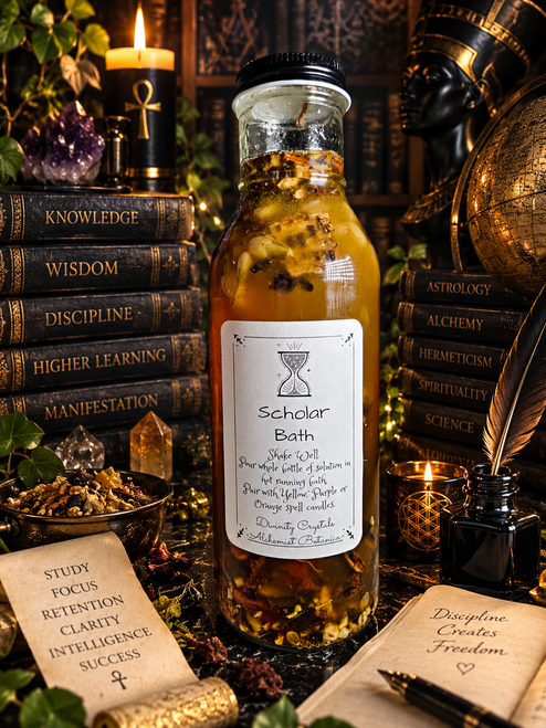 Designed around the symbolism of knowledge, wisdom, study, higher learning, and intellectual development, this botanical bath makes a beautiful addition to rituals performed during periods of studying, academic preparation, professional development, research, writing, or learning a new field.