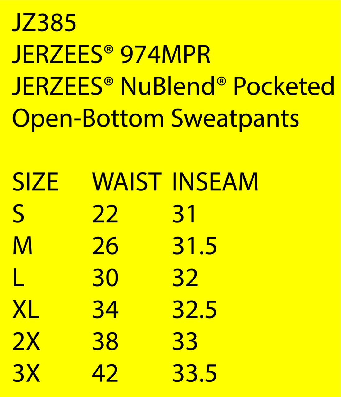 Jerzees 974MPR Size Chart • Jerzees Open Bottom Sweatpants with Pockets •  Jerzees Sweatpants • Jerzees 974