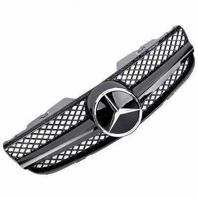 Mercedes-Benz SL R230 AMG Look Gloss Black Front Grille with Black Fins and Chrome Star - 2006-2008