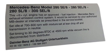  Mercedes-Benz SL W113 Pagoda Emission Control Sticker - 1305840021 