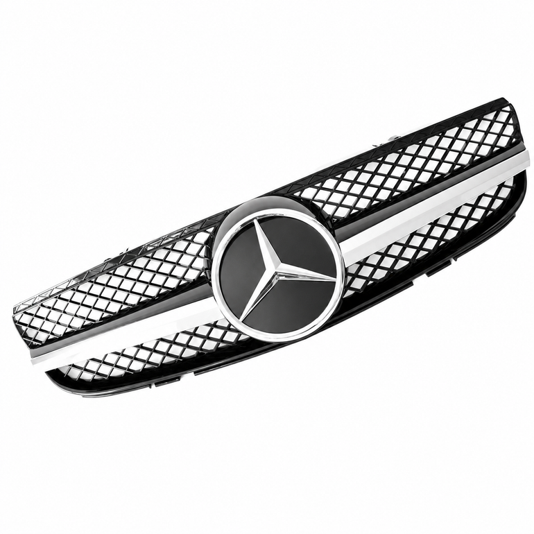 Mercedes-Benz SL R230 AMG Look Gloss Black Front Grille with Chrome Fins and Star - 2006-2008