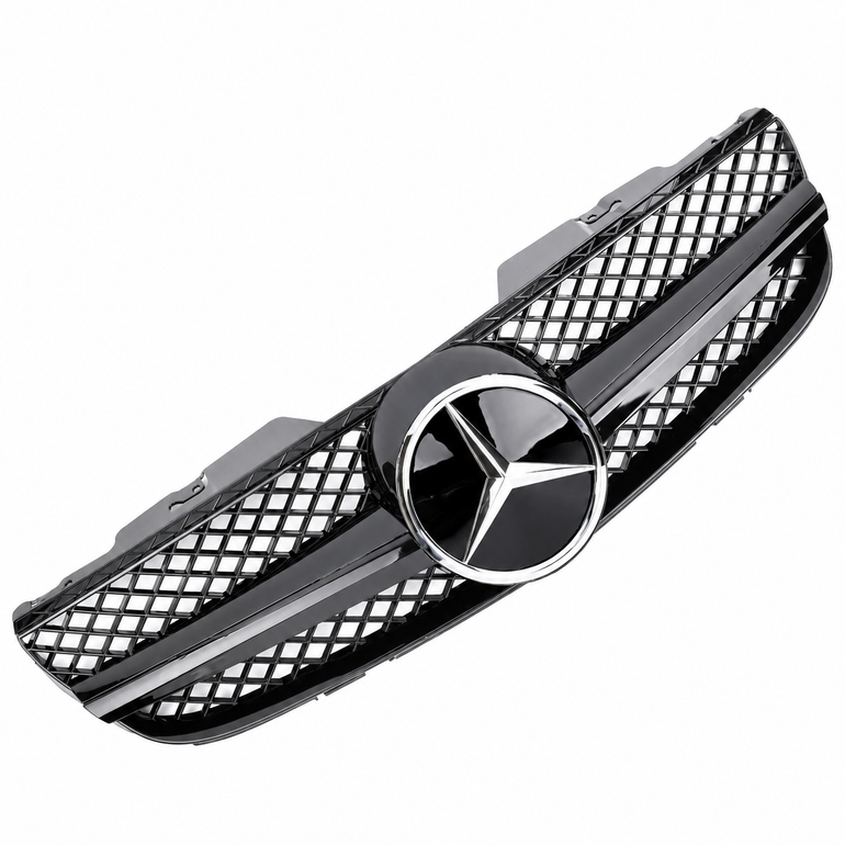 Mercedes-Benz SL R230 AMG Look Gloss Black Front Grille with Black Fins and Chrome Star - 2006-2008