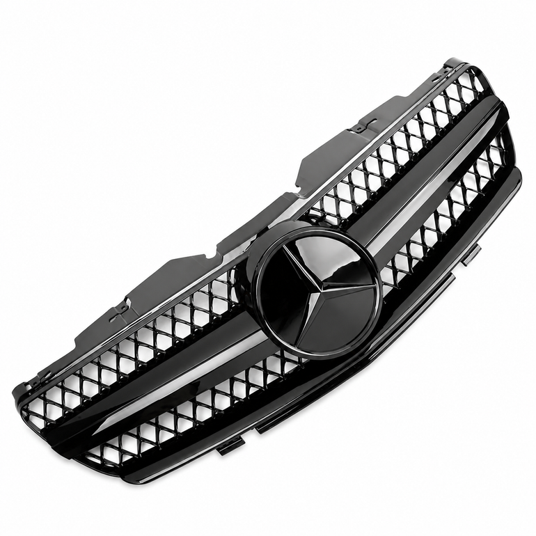 Mercedes-Benz SL R230 AMG Look Gloss Black Front Grille with Black Fins and Star - 2001-2006