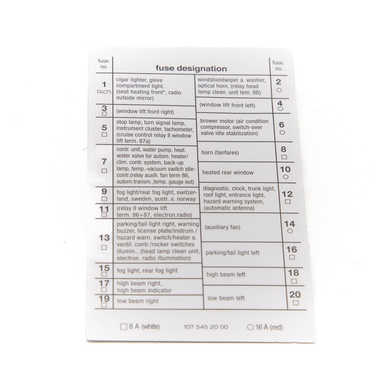 Mercedes-Benz Fuse plan 107 until 1985 - A1075452000 Mercedes-Benz Fuse plan 107 until 1985 - A1075452000
