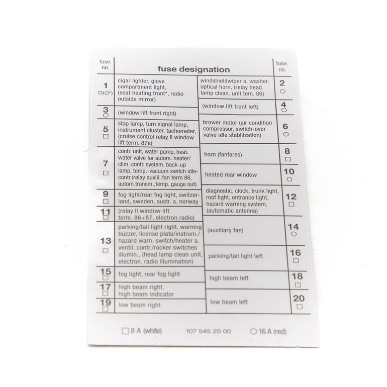  Mercedes-Benz Fuse plan 107 until 1985 - A1075452000 
