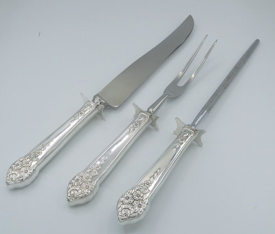 Moss Rose by King Edward National Silver Co 3piece roast carving set