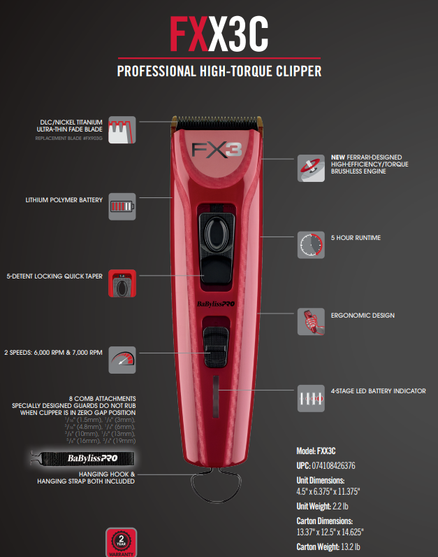 BaByliss Pro FX X3 High-Torque Clipper - Red/Black 