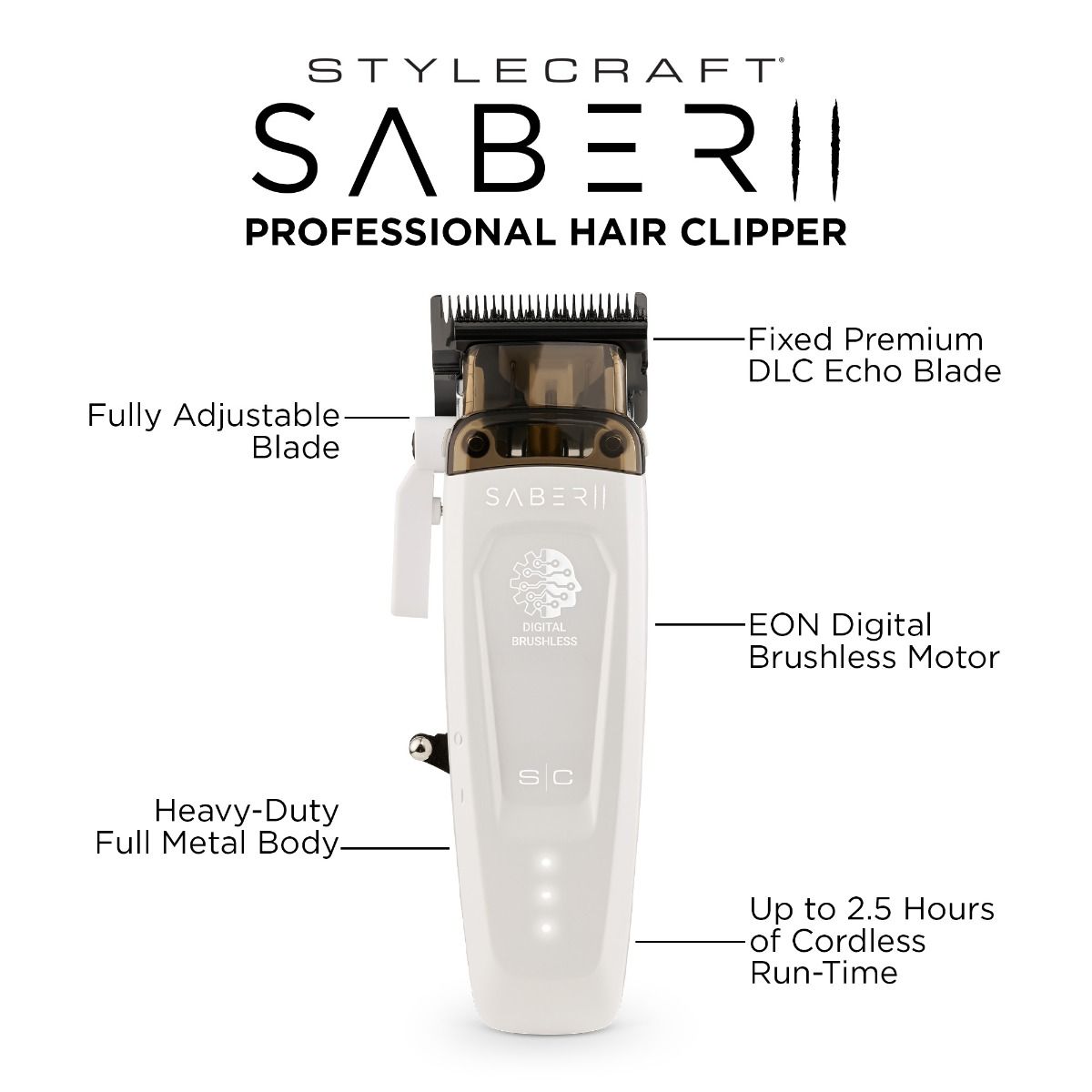 StyleCraft Saber II Cordless Digital Brushless Motor Clipper – White (SC619)