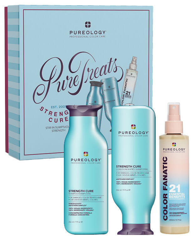PUREOLOGY Strength Cure Holiday Kit – Shampoo, Conditioner & Color Fanatic Leave-In