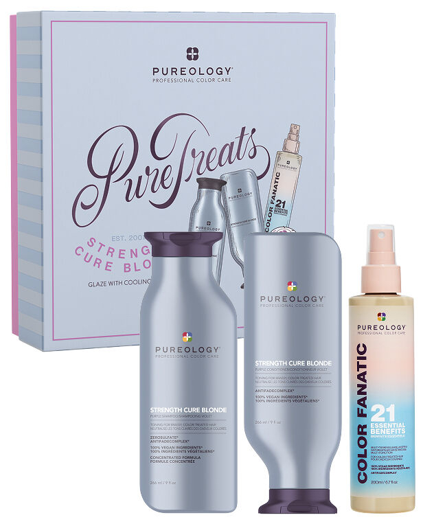 PUREOLOGY Strength Cure Blonde Holiday Kit – Purple Shampoo, Conditioner & Leave-In Treatment