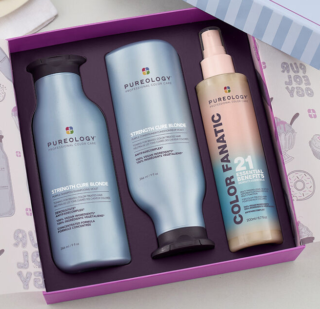 PUREOLOGY Strength Cure Blonde Holiday Kit – Purple Shampoo, Conditioner & Leave-In Treatment