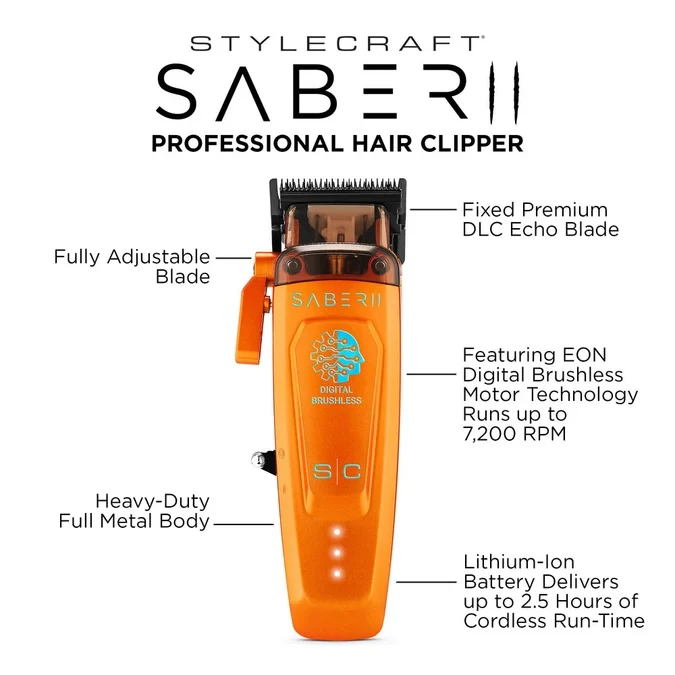 StyleCraft Saber 2 Professional Cordless Clipper & Digital Brushless Trimmer Bundle – Orange SC617O/SC421O