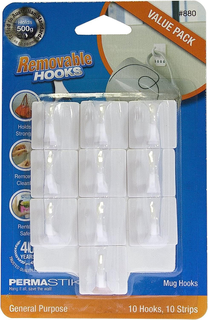 BULK 100 PACKS of PERMASTIK Removable Wall Hooks 10 Pack of Mug Hooks - Big  White Rabbit.ie