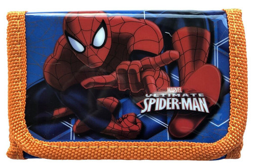 Spiderman Tri Fold Wallet with Shiny Front Panel Orange and Blue