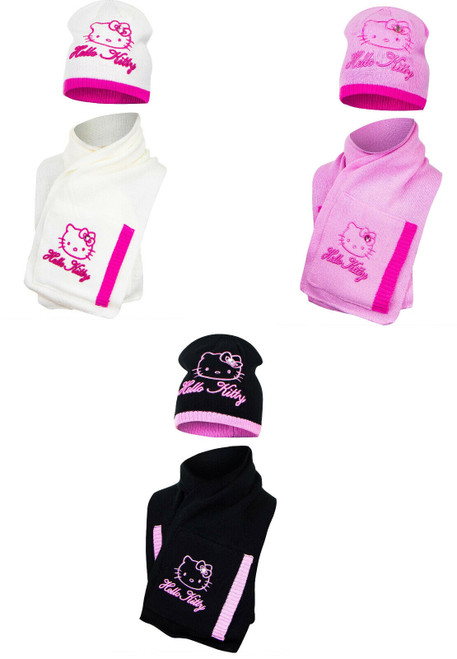 Hello Kitty Girls Knitted Beanie and Scarf with Pockets