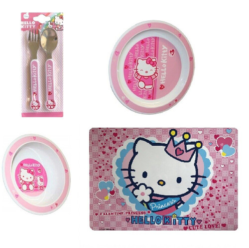 Hello Kitty Plate, Bowl, Metal Cutlery Set and Place Mat Style 2