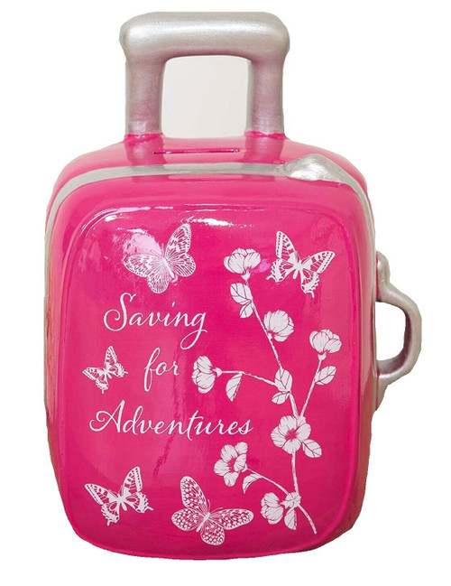 Large Ceramic Suitcase Style Pink Money Box 'Saving for Adventures'