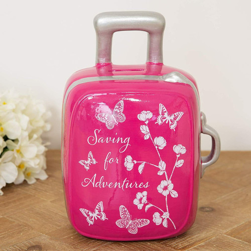 Large Ceramic Suitcase Style Pink Money Box 'Saving for Adventures'