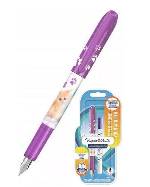 Paper Mate My Second Fountain Pen Purple Cat Design with Free Rollerball Pen
