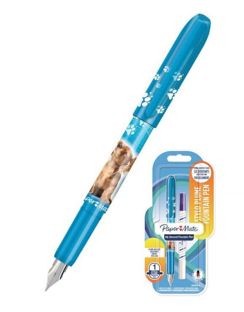 Paper Mate My Second Fountain Pen Blue Dog Design + 60 Ink Cartridges FREE