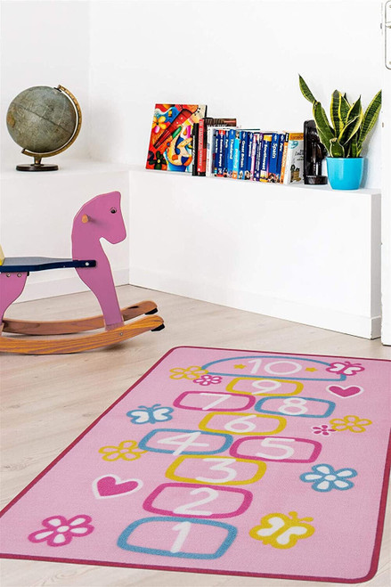 6 X Childrens Pink Hopscotch Non Slip Bedroom Rugs Playmat 80cm x120cm