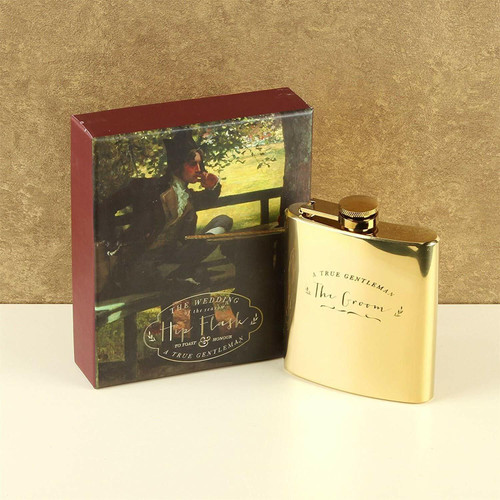 The Wedding Season WG879 Hip Flask Gold Colour 'The Groom' in Gift Box