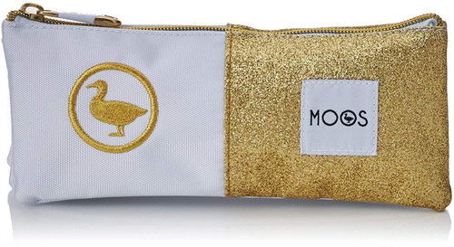 Moos Triple Make-Up Accessories Bag / Pencil Case in White and Gold