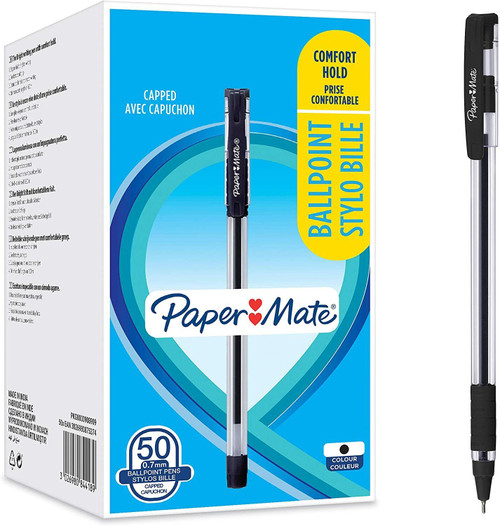 Paper Mate Ballpoint Pens, Comfort Grip Fine Point 0.7mm Black 50 Pens