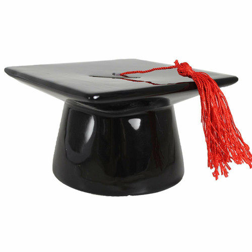 Ceramic Graduation Black Mortar Board Hat Money Box with Red Tassel