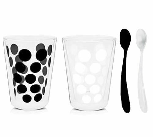 Zak Dot Dot Double Walled Glass Coffee/Ice Cream Glasses + Spoons Black / White