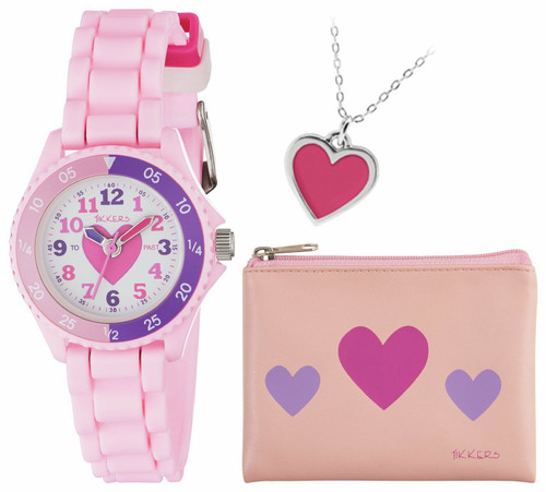 Tikkers Pink Tell the Time Watch with Pink Zip Purse and Necklace
