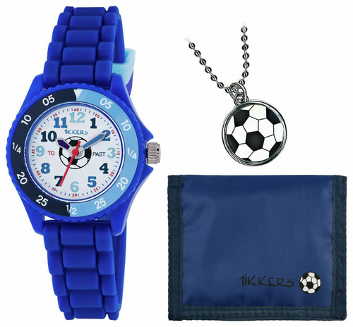 Tikkers Blue Football Tell the Time Watch with Blue Wallet and Pendant