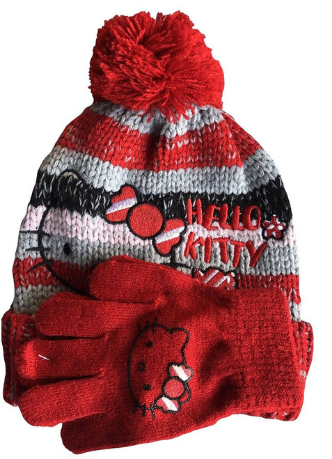 Hello Kitty Knitted Bobble Hat and Gloves 3 - 6 Years Red / Grey / Black