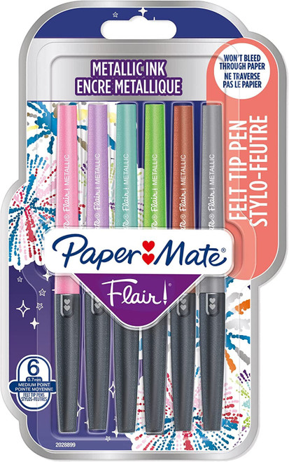 Paper Mate Flair Metallic Ink Pens 0.7mm Medium Point 6 Pack