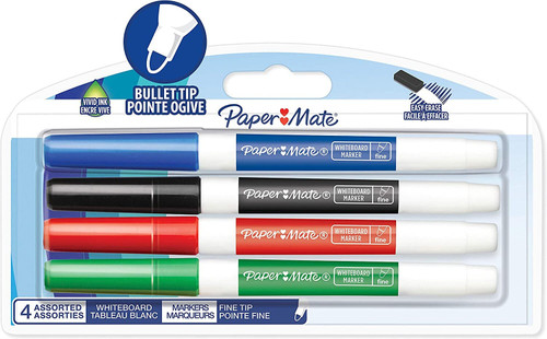 Paper Mate Low Odour Whiteboard Markers, Fine Tip, Assorted Ink Colours, 4 Count