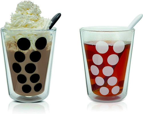 12 x Zak Dot Dot Double Walled Glass Coffee/Ice Cream Glasses + Spoons