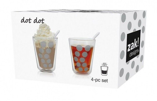 12 X Zak Dot Dot Double Walled Glass Coffee Ice Cream Glasses and Spoons Silver