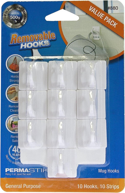 PERMASTIK Removable Wall Hooks 10 Pack of Mug Hooks