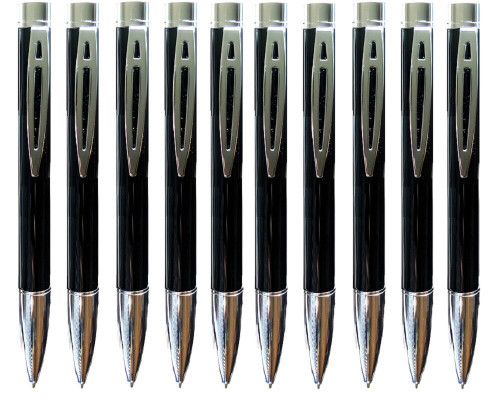 Studio Gloss Black Retractable Ballpoint Pen Chrome Detail Black Ink 10 Pack
