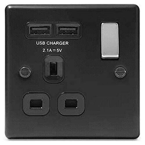 Nexus Metal Matt Black Single Switched 13A Power Socket with 2 X USB's