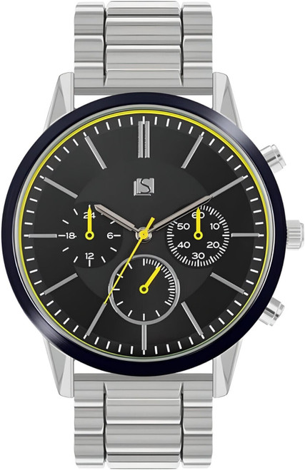Mens Stylish Battery Operated Analogue Watch with Link Strap and Yellow Detail