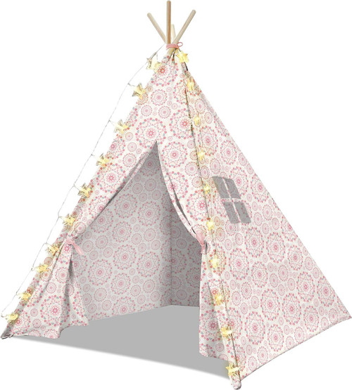 Large Kids Teepee Play Tent Includes 20 Star String Lights Natural Cotton