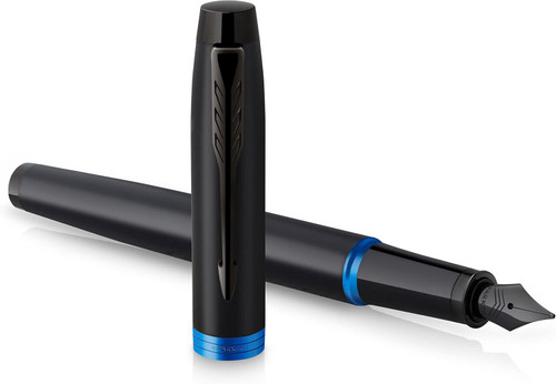 Parker IM Vibrant Rings Fountain Pen Satin Black Lacquer Marine Blue Fine Nib
