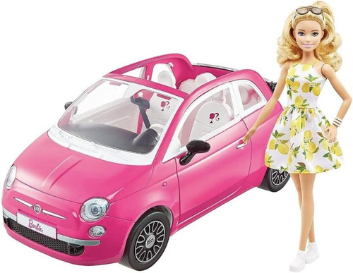Chic Barbie Doll in Lemon Dress with Her Fiat 500 Pink Car