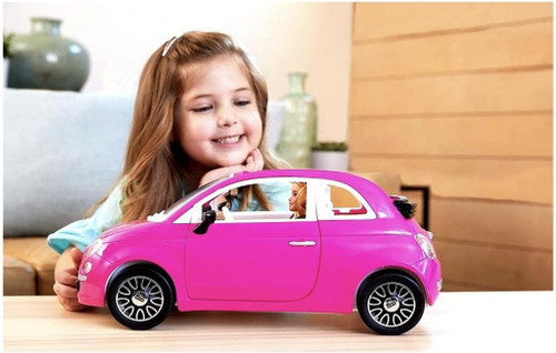 Chic Barbie Doll in Lemon Dress with Her Fiat 500 Pink Car