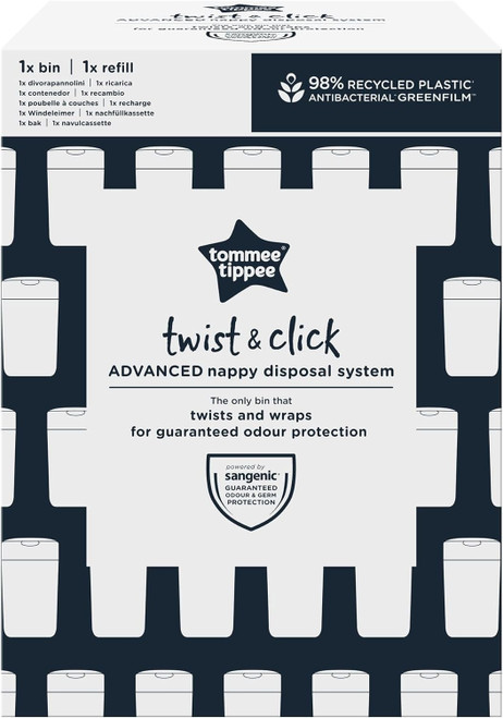 Tommee Tippee Twist and Click Nappy Bin, White, with x1 Refill Cassette