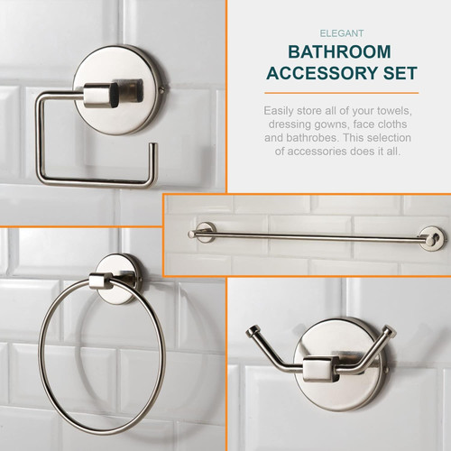 Bathroom Accessory Set Chrome with Towel Rail, Ring, Hook and Toilet Roll Holder