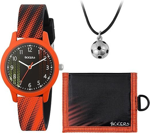 Tikkers Boy's Black & Orange Football Analogue Quartz Watch, Necklace and Wallet