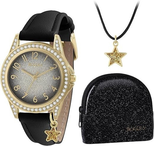 Tikkers Girl's Black Star Analogue Quartz Watch, Necklace and Glitter Purse